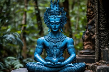 Serene Blue Buddha Statue in Lush Green Forest