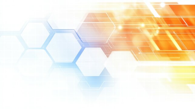 Abstract graphic with hexagonal shapes and dynamic lines in orange and blue tones.