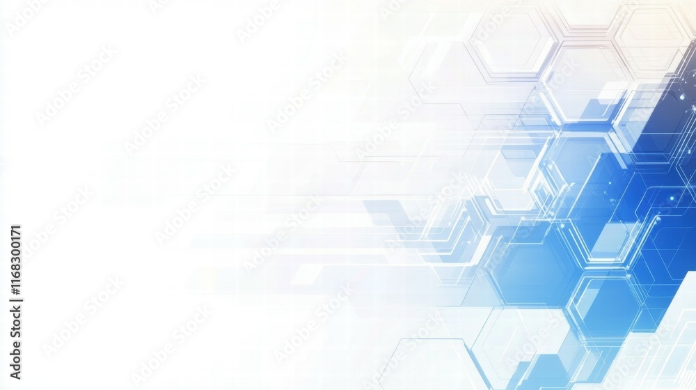 Poster abstract geometric design with hexagons and lines in blue and white tones.