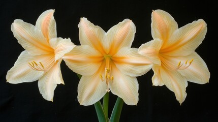 Three Peach Amaryllis Flowers on Black Background