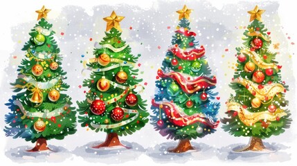 Naklejka premium Festive Christmas trees adorned with shiny balls, ribbons, and lights on a white background, representing the beauty and tradition of the holiday season.