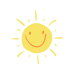 Cartoon sun. Sun character design. Child drawing isolated on white background. Hand drawn. Vector illustration