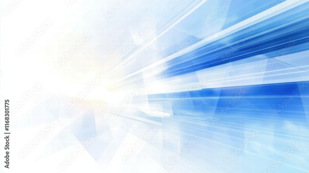 Poster abstract blue and white background with light rays, suggesting speed and motion.