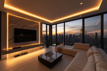 Luxury Penthouse Apartment with City Skyline View at Sunset
