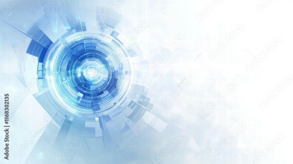 Poster Abstract digital design featuring circular patterns and light effects.