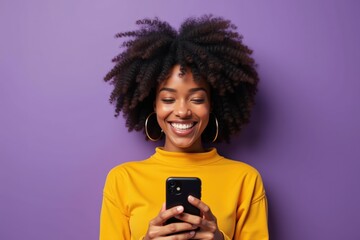 Vibrant Young Woman with Curly Hair Smiling While Using Smartphone, Perfect for Social Media, Advertising, and Marketing Campaigns