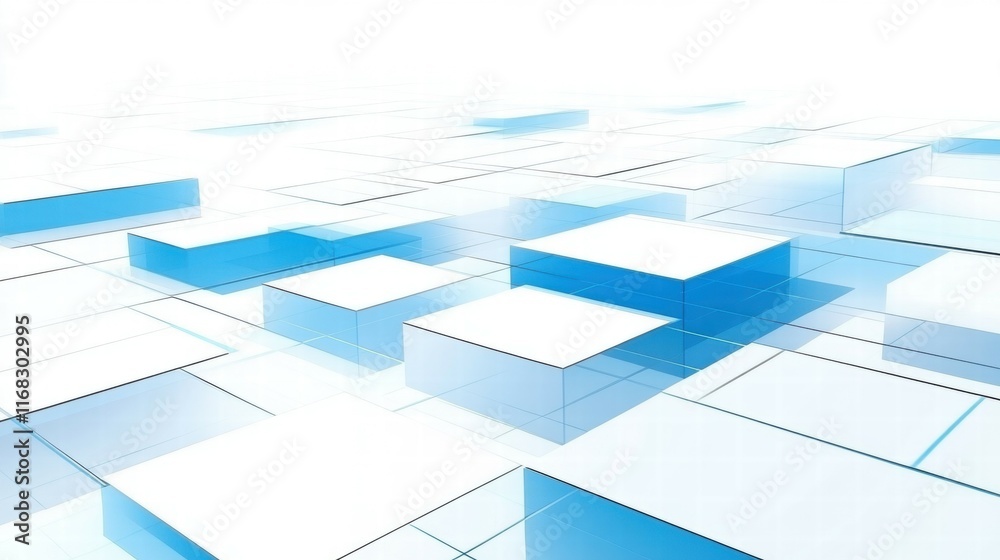 Poster abstract geometric shapes in blue and white, creating a modern digital landscape.