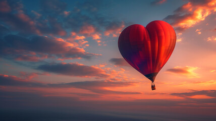 Fototapeta premium A heart-shaped hot air balloon soaring high in the sky during a romantic evening in February.