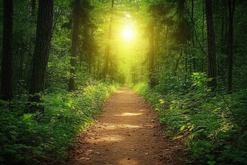 Obraz premium Mysterious Woodland Trail: A narrow path winding through a dense forest, inviting exploration and discovery.