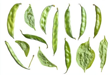 Fresh green beans and leaves isolated on white.