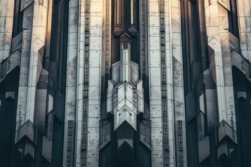 Naklejka premium Geometric facade of a building, showcasing Art Deco and futuristic architectural design elements.