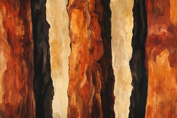 Abstract painting of tree trunks, showcasing rich, earthy tones and textured brushstrokes.