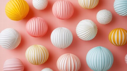 Fototapeta premium Pastel Paper Lanterns and Pom-Poms on Pink Background