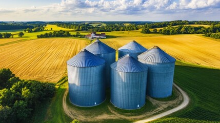 Obraz premium Grain silos standing tall amidst vast farmland, symbolizing the backbone of agricultural sustenance and the enduring cycle of rural life.