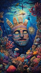 Mosaic Face Descends Into Vibrant Coral Reef