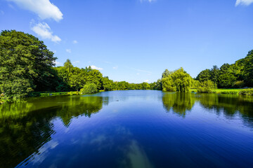 View of the paddling pond at the spa park in Bad Wünnenberg. Recreation area in the city.
