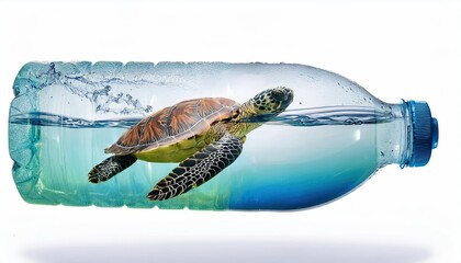 Plastic pollution Turtles swim in a plastic water bottle