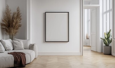 Modern bright interiors apartment with mockup poster frame. Blank white photo frame mockup