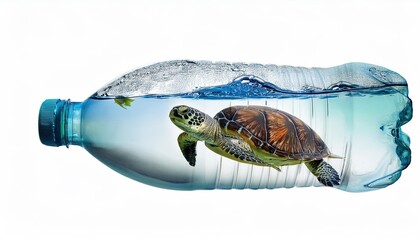Turtles swim in a plastic water bottle plastic pollution concept