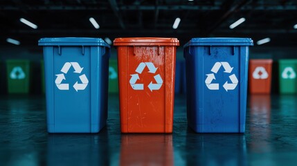 Three recycling bins in vibrant colors promote waste management and environmental sustainability.