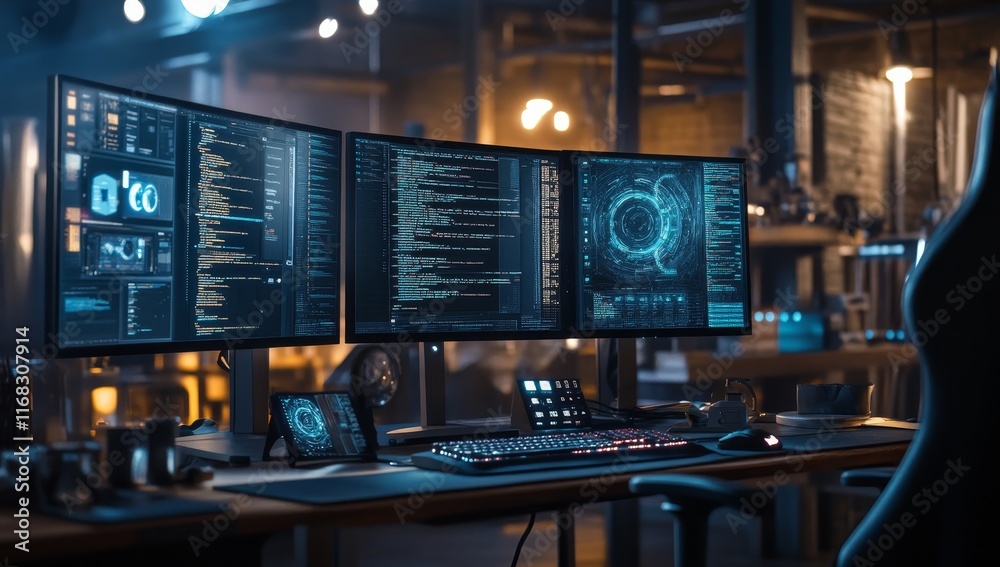 Poster Triple monitor setup with coding interface.