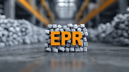 Extended Producer Responsibility concept. A bold "EPR" stands out against a backdrop of stacks of materials, suggesting themes of industry, recycling, or environmental responsibility.