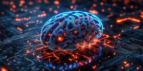 Futuristic Neon Brain Design in Cyberpunk Style with Integrated Neural Circuits and Quantum Computing Technology