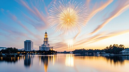 Naklejka premium Fireworks illuminate a cityscape at dusk over a reflective lake.