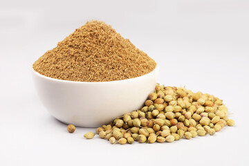 Indian spices, Coriander Powder or Dhaniya Powder with Coriander seeds ingredient for Indian cooking