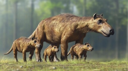Prehistoric Family of Uintatheres in Lush Forest