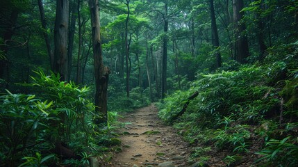 Obraz premium A peaceful forest with a dense canopy of green leaves and a winding hiking trail