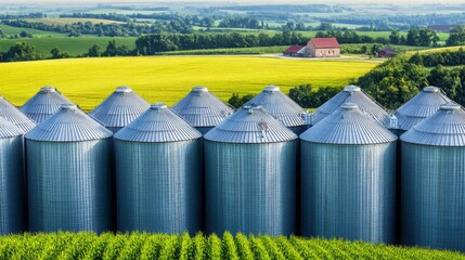 Obraz premium Grain silos standing tall amidst vast farmland, symbolizing the backbone of agricultural sustenance and the enduring cycle of rural life.