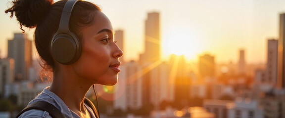 Black teenager enjoying music at sunrise on city rooftop, happiness
