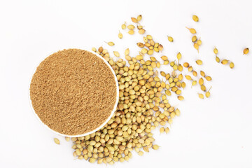 Indian spices, Coriander Powder or Dhaniya Powder with Coriander seeds ingredient for Indian cooking