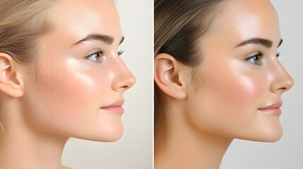 Beauty transformation process side profile comparison studio image analysis calm environment close-up aesthetic appeal