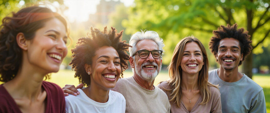 Diverse group of people smiling together in city park, happiness celebration