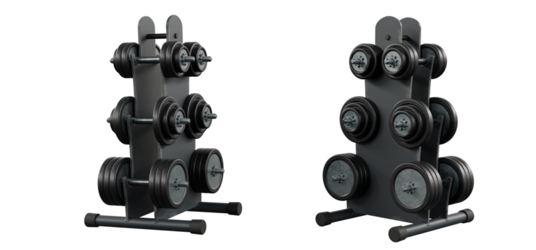 dumbbell set with rack isolated on white