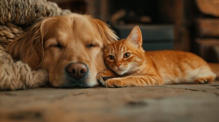 cute pet portrait, Labrador dog cuddle with ginger cat sleep together on house floor 
