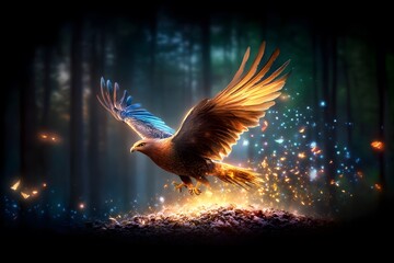 Fototapeta premium Majestic eagle taking flight enchanted forest digital art magical atmosphere high angle freedom and power