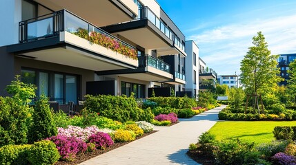 Modern apartment building with a sleek design, featuring spacious balconies and vibrant landscaping