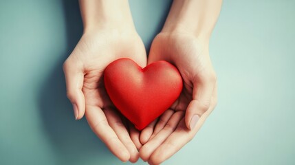 Obraz premium Human hands gently cradle a heart, highlighting the need for heart disease support.