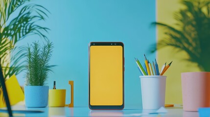 Close-up of a smartphone with a blank screen on a minimalist desk with office supplies for digital product advertising