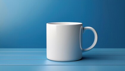 Obraz premium A simple white mug sits on a blue wooden surface, illuminated by soft light, creating a calm and minimalist atmosphere.