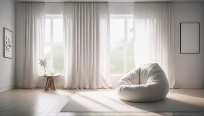 A serene, minimalist living space featuring large windows, soft light, and a cozy bean bag chair, perfect for relaxation.