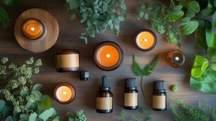 Flat lay of various wellness products like essential oils, candles, and plants for a mindfulness and wellness brand