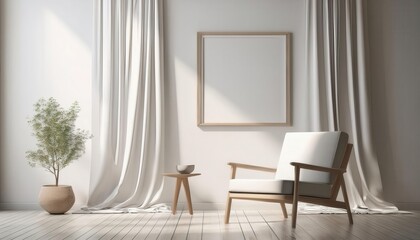 A modern, minimalist interior featuring a wooden chair, side table, potted plant, and light curtains in a serene, uncluttered space.