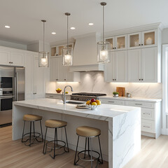 state-of-the-art luxury kitchen featuring white marble countertops, a large kitchen island with built-in bar stools, and stainless steel appliances. 