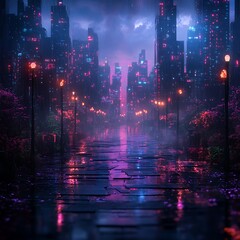 Naklejka premium digital cityscape in panorama style with abstract neon light effects and glowing pathways 