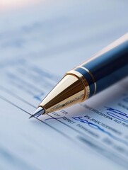 Fototapeta premium mortgage property terms Concept. Close-up of a pen on a document with signatures and lines.