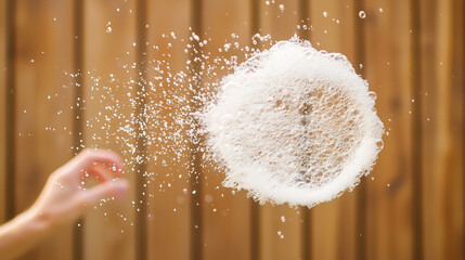 Water Balloon Burst: A hand reaches towards the center of a water balloon that explodes in a spray of droplets against a warm, wooden backdrop. The captured moment freezes the action in mid-air.